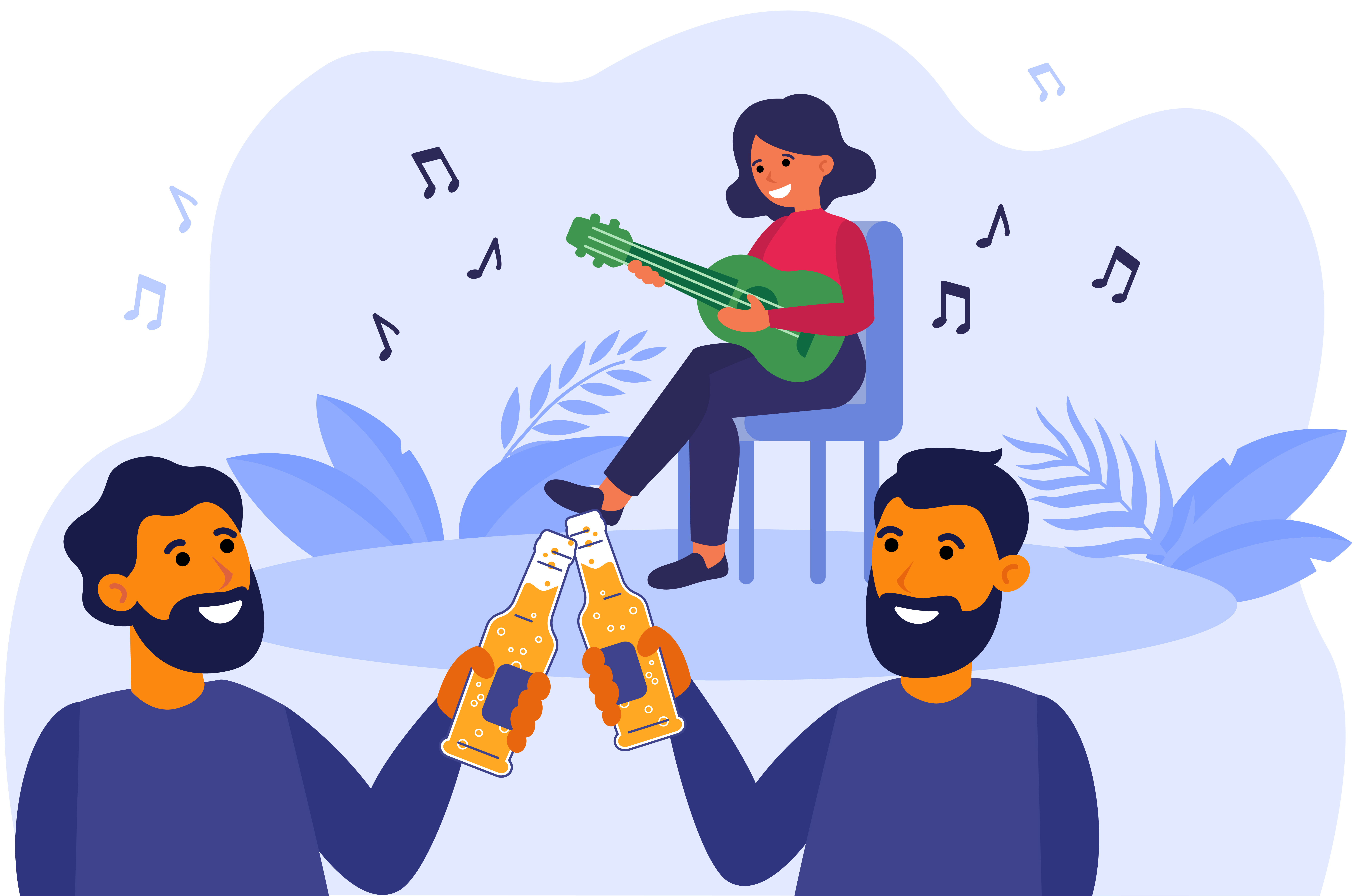 Male friends drinking beer at acoustic concert outdoors