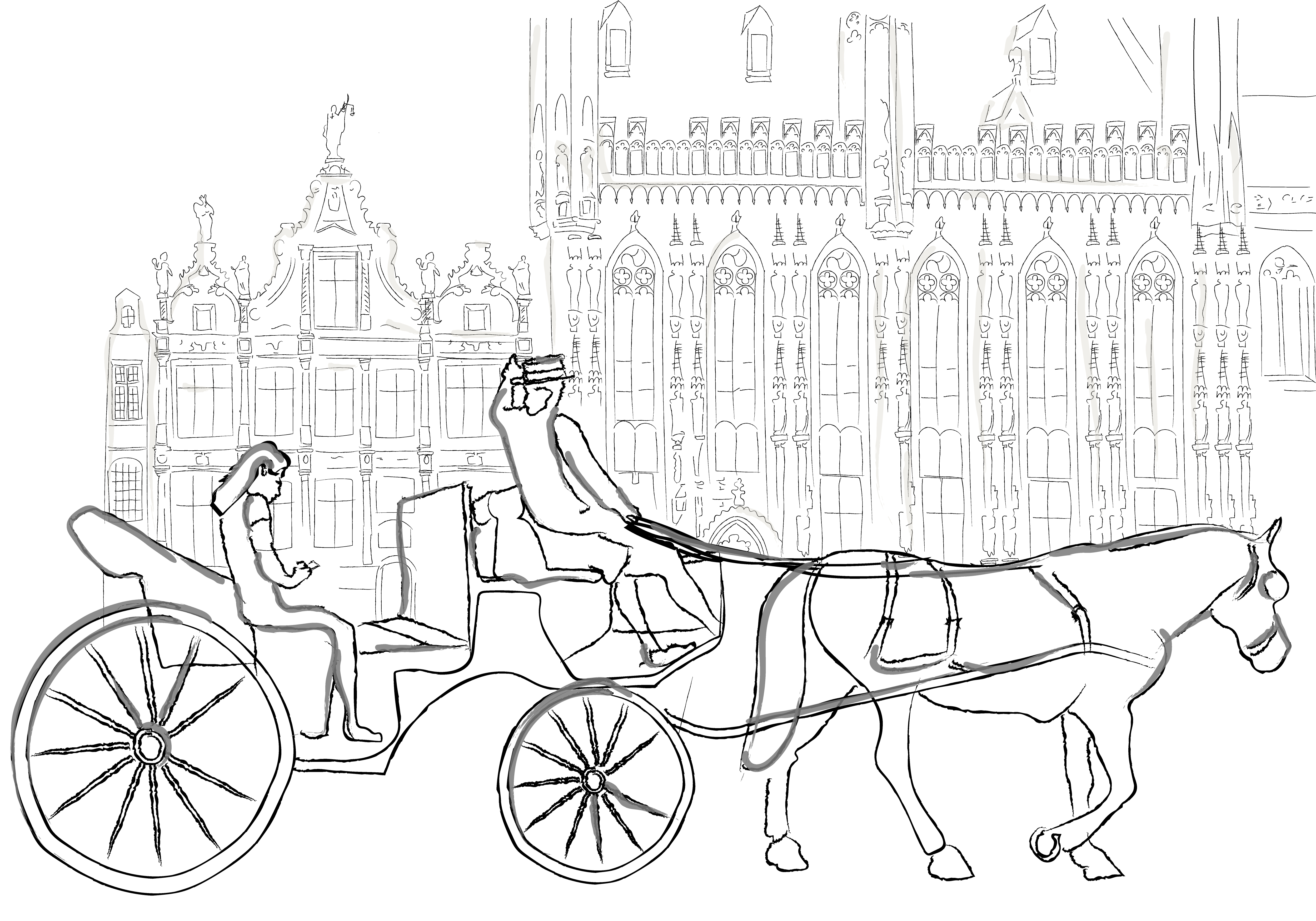 Woman tourist traveling in the city in a horse carriage Vector line arts