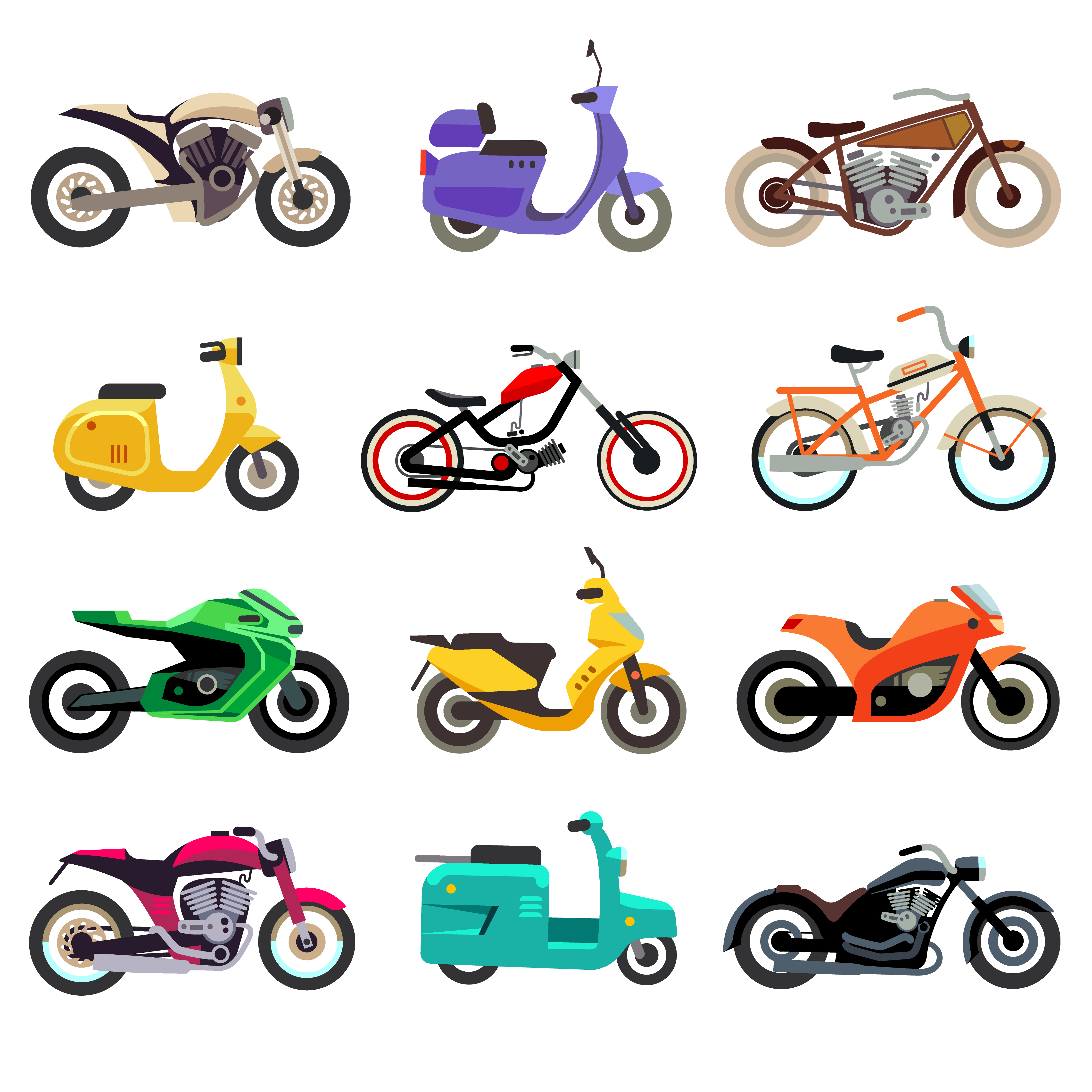 Motorcycle, scooter and moped models vector flat icons