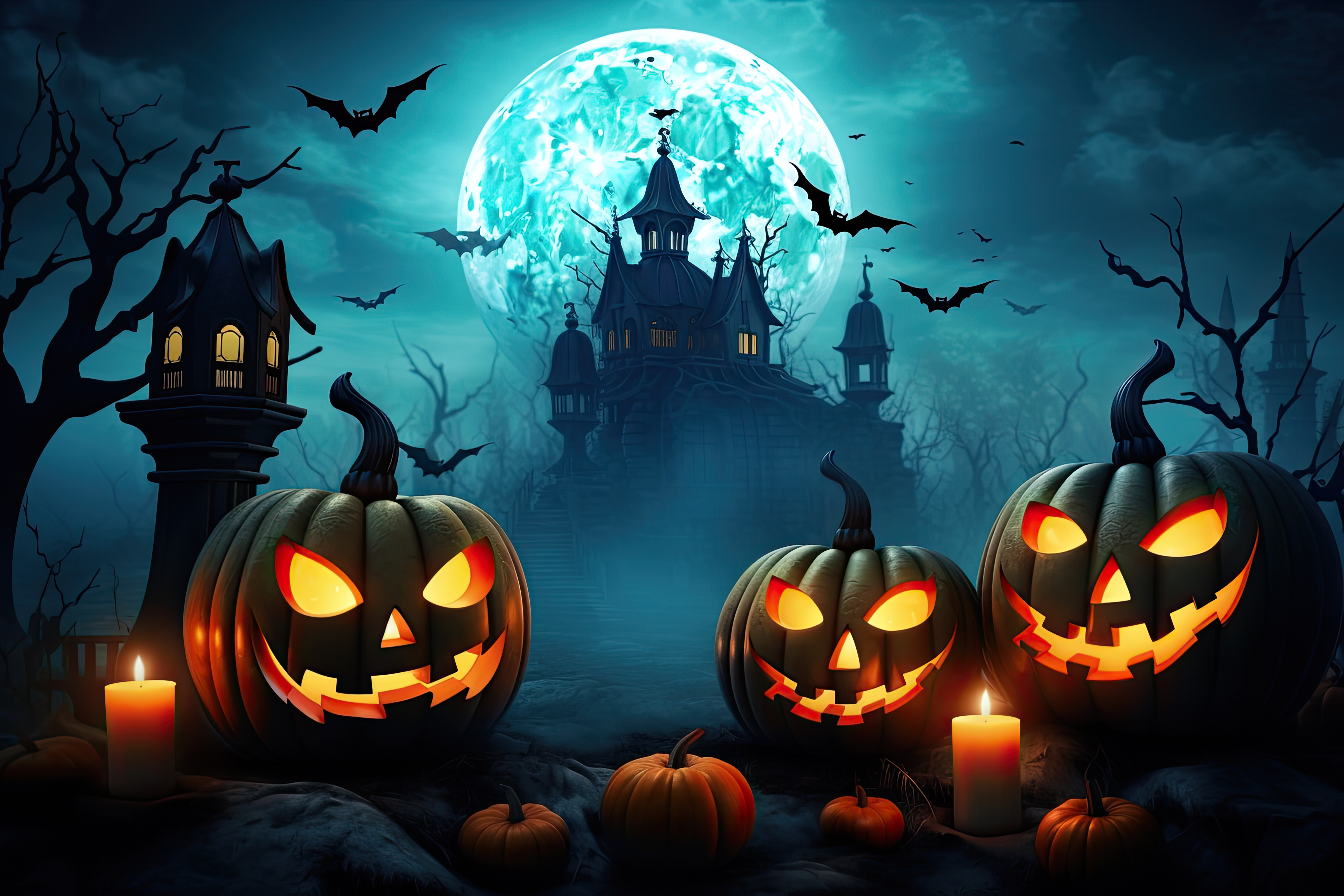 halloween background with scary pumpkins, candles in the graveyard at night with a castle background