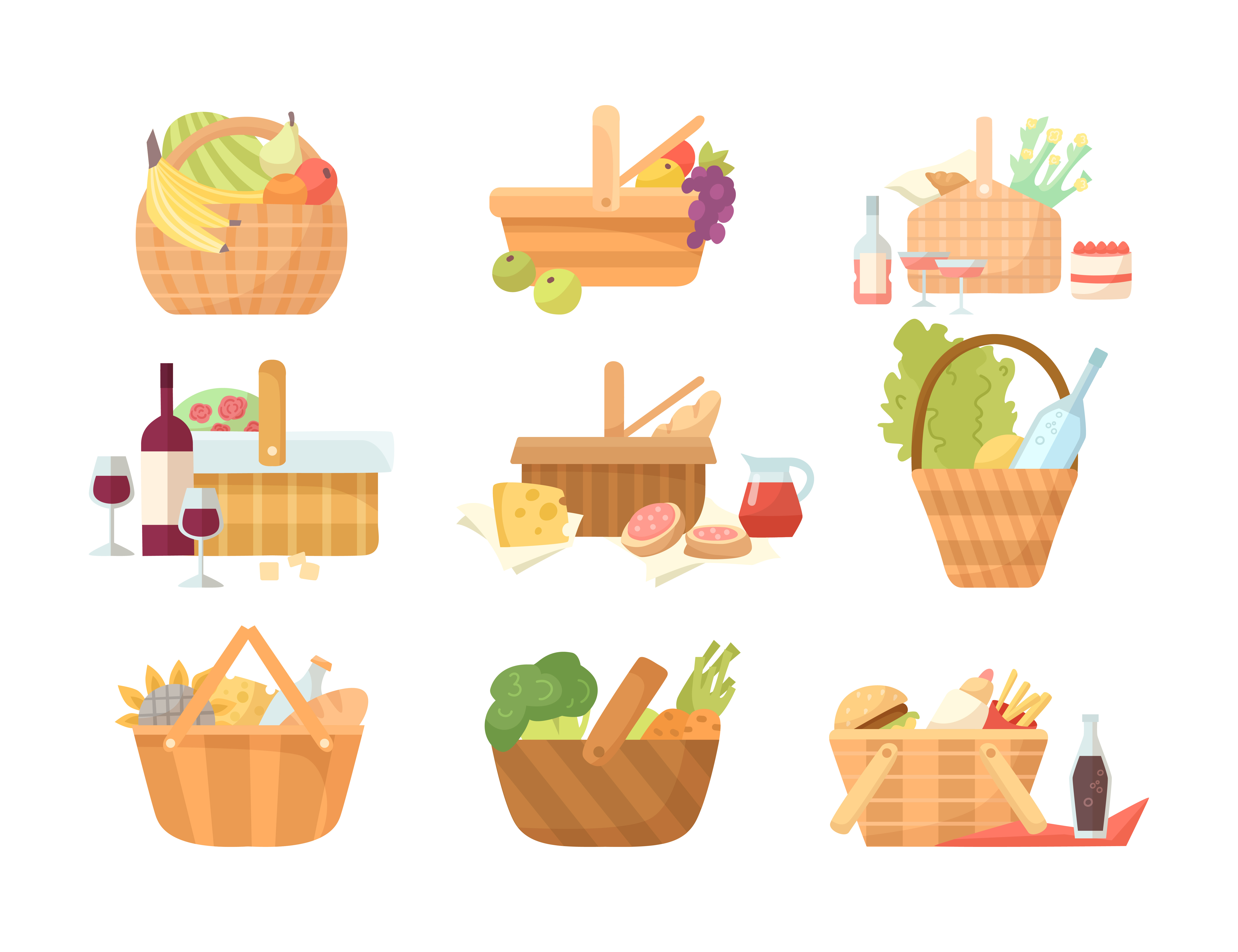 Wicker baskets with food cartoon illustration set