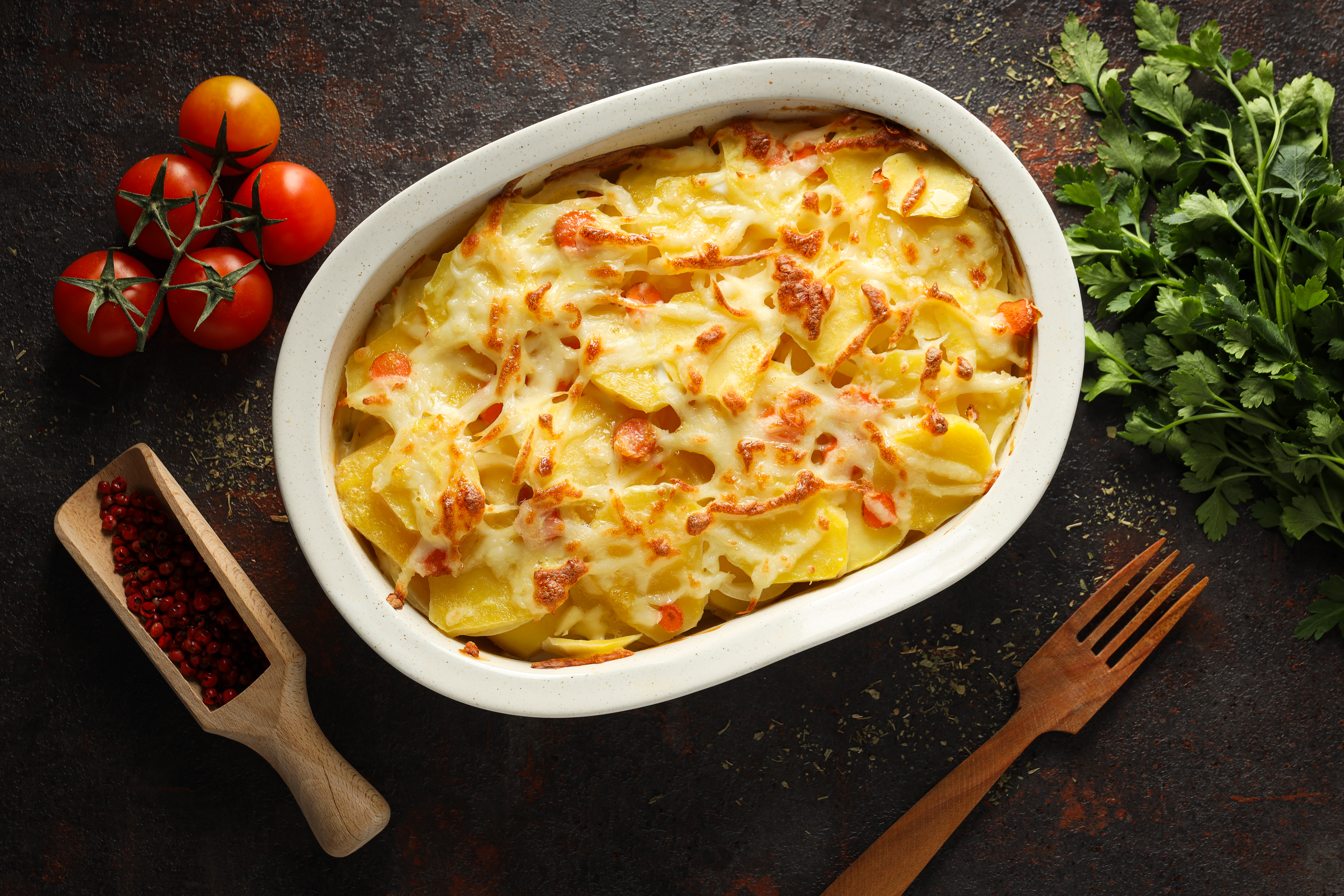 Concept of tasty and delicious homemade food - potato casserole
