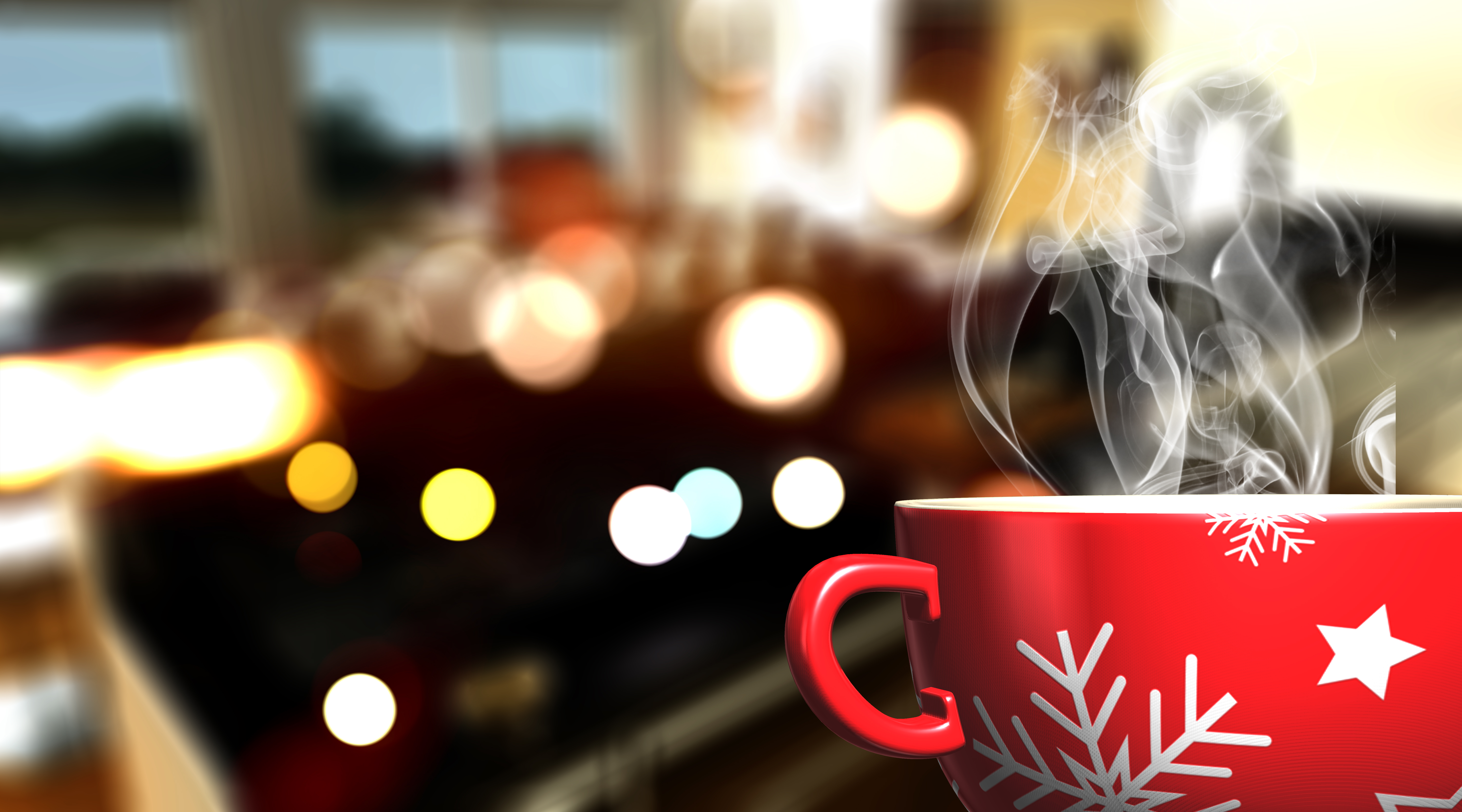 3D Christmas mug on defocussed cafe bar background